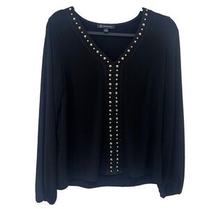 INC International Concepts Women Black Blouse Gold Tone Studs Stretch Sz Medium